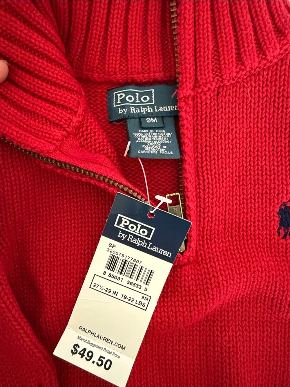 Ralph Lauren Bright Red Half-Zip Knit Sweater for baby 9month NWT